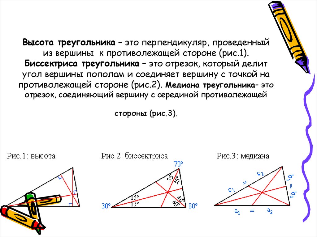 Любая биссектриса треугольника делит его пополам. Медиана биссектриса и высота треугольника. Высота треугольника. Высота остроугольника. Биссектриса делит треугольник пополам.