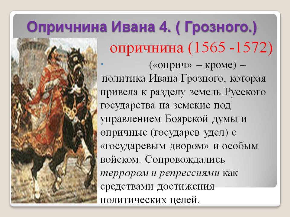 Удел ивана 4 в 1565 1572. Опричнина (1565-1572). Итоги правления Ивана IV..
