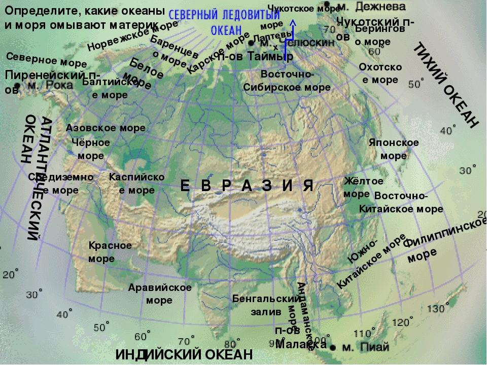 Какие крупные реки в евразии. Моря омывающие материк Евразия. Заливы омывающие Евразию. Заливы и проливы Евразии на карте. Карта Евразии с заливами и проливами морями Океанами.