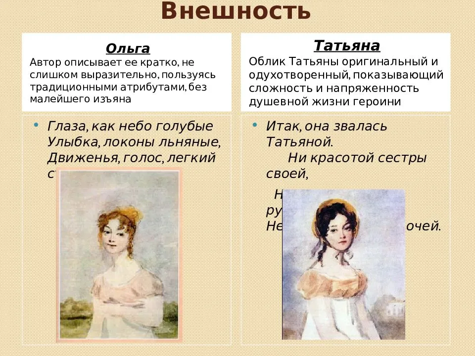 Есть ли в рассказе развернутый портрет героини. Образ жизни Татьяны лариной и Ольги лариной.