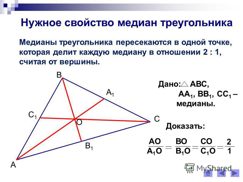 Пересечение медианы и высоты треугольника. Медианы треугольника пересекаются в 1 точке. Свойство медиан треугольника 2 к 1.