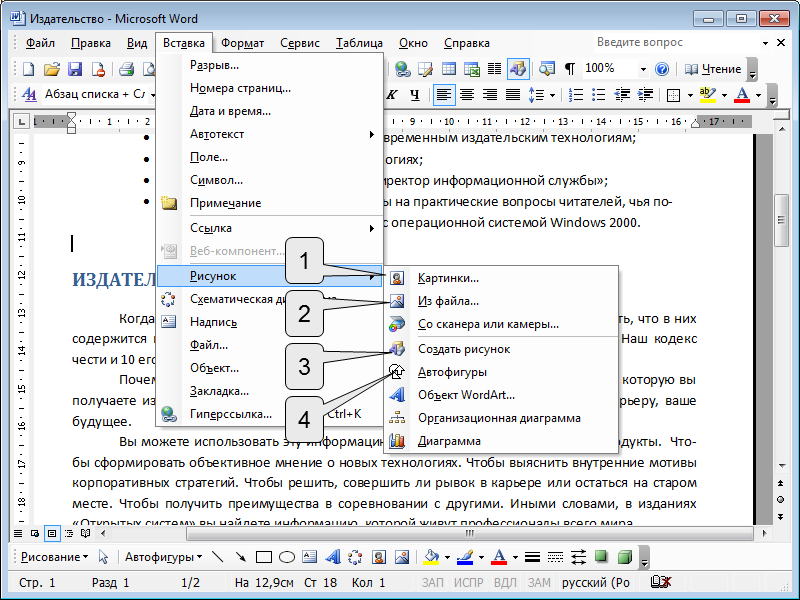 Как можно вставить рисунок в текстовый документ ms word